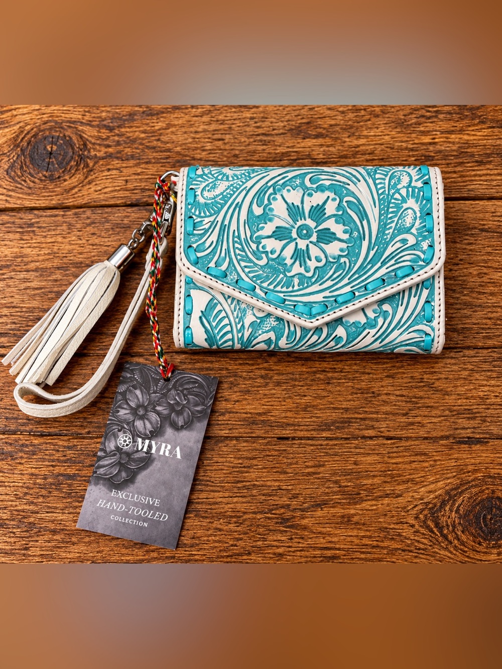 Myra Bag Teal and Cream Hand-Tooled Leather Wallet Wristlet